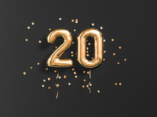 20 Years Old. Gold Balloons Number 20th Anniversary, Happy Birthday Congratulations. 3d Rendering.