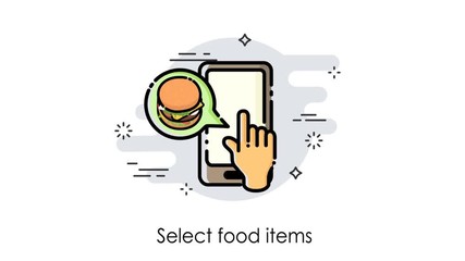 Wall Mural - Cartoon animation. Order process and food delivery concept. Alpha channel mask. How to order. Modern and simplified vector illustration.
