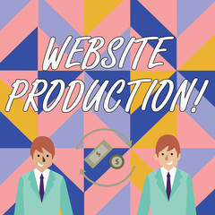 Writing note showing Website Production. Business concept for process of creating websites and it s is components Money in Dollar Sign in Rotating Arrows Between Businessmen