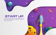 © Sunset Paper's - Paper art style of rocket flying in space, start up concept, design banner template, flat-style vector illustration.