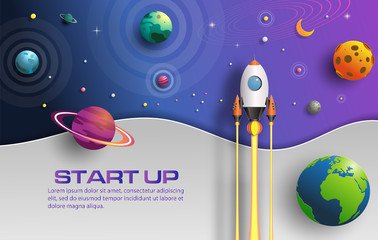 Paper art style of rocket flying in space, start up concept, design banner template, flat-style vector illustration.