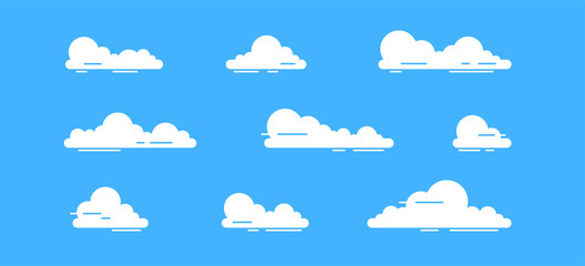 Wall Mural - White clouds set isolated on a blue background. Simple cute cartoon design. Icon or logo collection. Realistic elements. Flat style vector illustration.