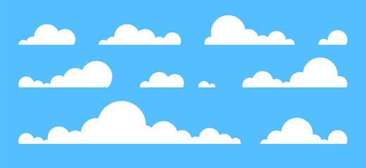 Clouds set isolated on a blue background. Simple cute cartoon design. Icon or logo collection. Realistic elements. Flat style vector illustration.