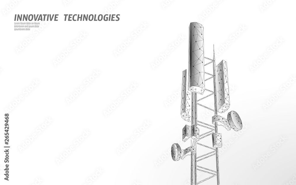 3d base station receiver. telecommunication tower 5g polygonal design global connection information transmitter. Mobile radio antenna cellular vector illustration - obrazy, fototapety, plakaty 