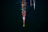 23/04/2019 Zhytomyr, Ukraine, Kayaking with rowers sailing along the river, athletes are practicing at sunset