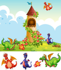 Sticker - Set of dragons in castle scenery