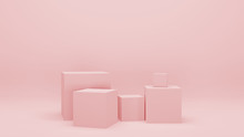 Pink Empty Room With Geometric Shapes, Stands And Empty Walls, Realistic 3d Illustration. Minimalist Blank Scene With Squares, Modern Graphic Design.