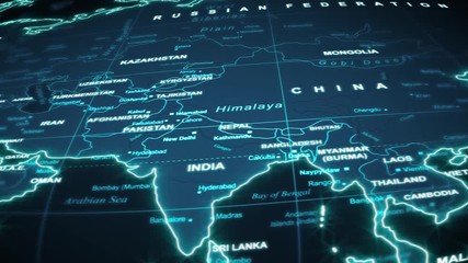 Wall Mural - World Map Travel Technology Background/ 4k animation of a world map travel background flight over by night with ocean, countries and cities names