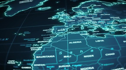 Wall Mural - World Map Travel Technology Background/ 4k animation of a world map travel background flight over by night with ocean, countries and cities names