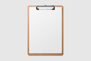 mockup of wooden clipboard with blank paper isolated on light grey background.