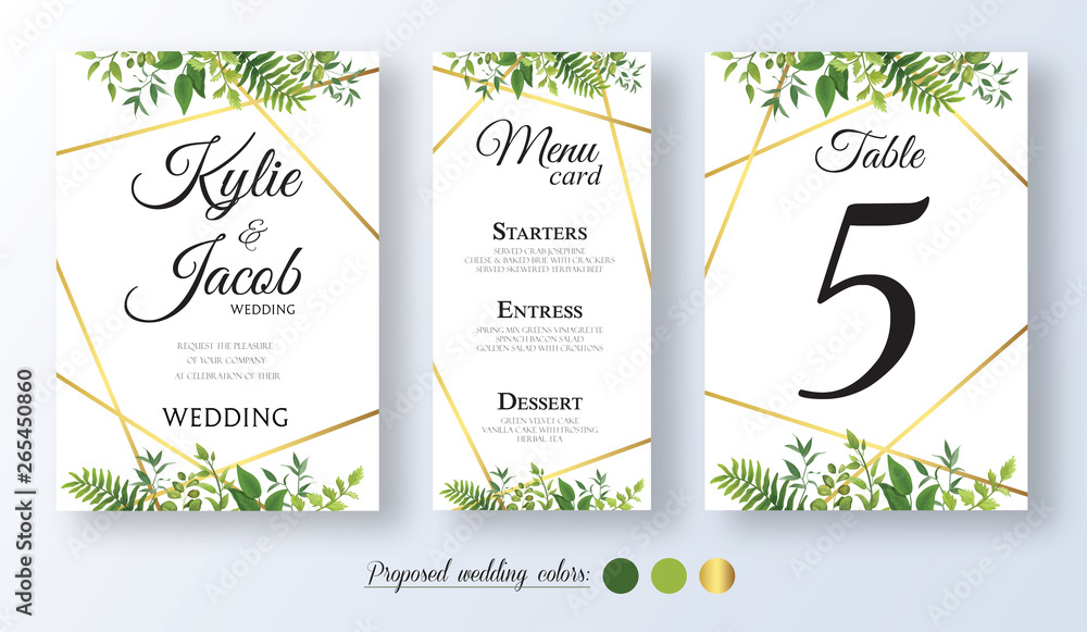 Wedding Invitation with gold element, menu card, table number Floral design with green watercolor leaves, foliage greenery decorative frame print. Vector elegant cute rustic greeting, invite, postcard - obrazy, fototapety, plakaty 