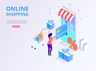 Wall Mural - Online store, shopping, online payment. Homepage template with 3d smartphone, goods and customers.
