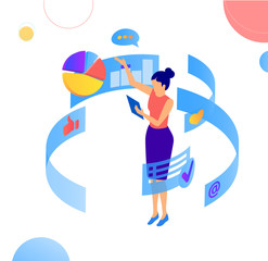 Wall Mural - Business statistics, financial indicators and online analysis service. Illustration with woman, charts and graphs.