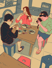 Illustration Of People Taking Pictures Of Food In Chinese Restaurant