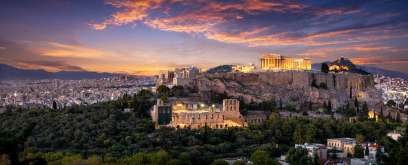 Fototapete - Panorama der beleuchteten Akropolis von Athen, Griechenland, nach Sonnenuntergang am Abend