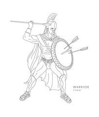 ancient Warrior line illustration in full armor with spear and shield