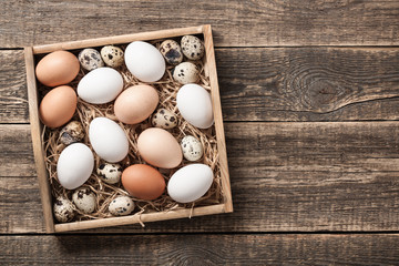 Poster - Fresh rustic eggs in wooden box