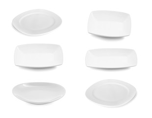 collection of ceramic white plate on white background