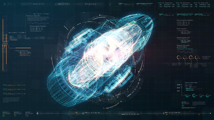 Fototapete - Advance motion graphic futuristic user interface head up display screen with Holographic electromagnetic machine with gravitational fields energy particles wave and digital data telemetry information 