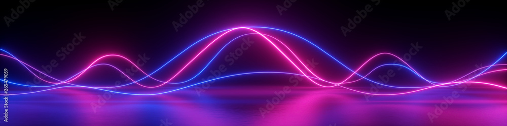 3d render, abstract panoramic background, neon light, laser show, impulse, equalizer chart, ultraviolet spectrum, pulse power lines, quantum energy impulse, pink blue violet glowing dynamic lines - obrazy, fototapety, plakaty 