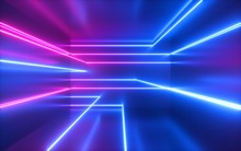 3d Render, Pink Blue Neon Lines, Geometric Shapes, Virtual Space, Ultraviolet Light, 80's Style, Retro Disco, Fashion Laser Show, Abstract Background