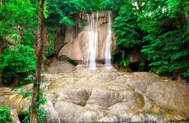 beautiful waterfall and green leaf Makes it feel fresh