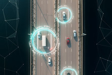 4k Aerial View Of Self Driving Autopilot Cars Driving On A Highway With Technology Tracking Them, Showing Speed And Who Is Controlling The Car. Visual Effects Clip Shot.