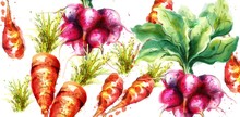 Carrots And Radish Vector Watercolor. Fresh Spring Veggies Illustration