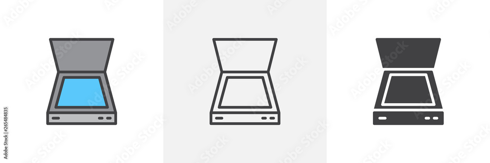 Document scanner icon. Line, glyph and filled outline colorful version, open scanner outline and filled vector sign. Symbol, logo illustration. Different style icons set. Vector graphics - obrazy, fototapety, plakaty 