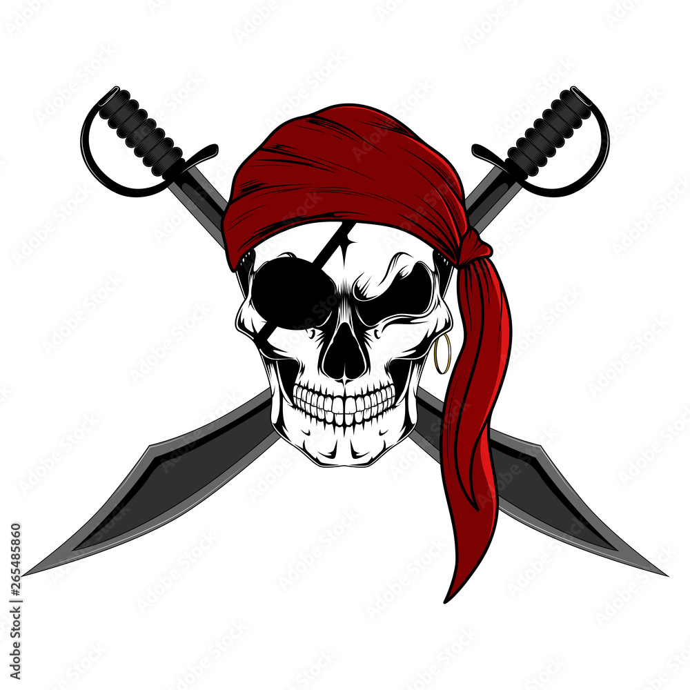 Skull pirate in a red bandana with sabers. Vector image on white ...