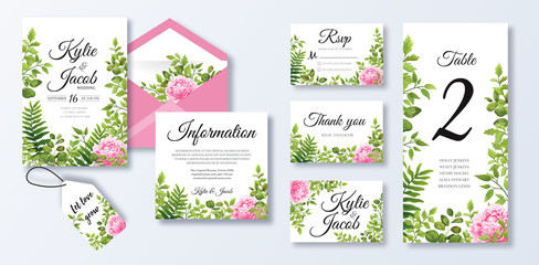 Wedding invite, menu, rsvp, information, thank you, label, save the date card, table number, envelope. Design with pink peony flowers, natural branches, green leaves, herbs. Vector cute rustic layout 