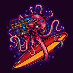 Original vector illustration in vintage style octopus with glasses with Boombox and surfing in hands.