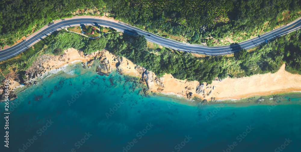 Aerial view of the sandy beach and  road - obrazy, fototapety, plakaty 