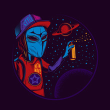 Original Vector Illustration In Vintage Neon Style. An Alien In A Cap Draws Graffiti On The Background Of Space And Planets. T-shirt Design