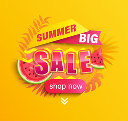 Wall Mural - Summer big Sale promotion,season discount banner with tropical leaves,watermelon.Invitation for limited time shopping, special offer card, template for design,label,advertising badge,flyer. Vector