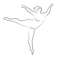 Silhouette of a cute lady, she is dancing ballet. The woman has an overweight body. Girl is plump. Woman ballerina, gymnast. Vector illustration