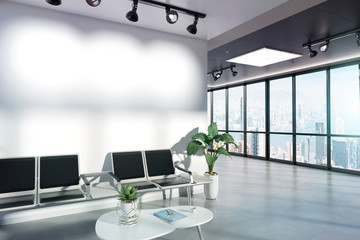 Blank wall in waiting room mockup with large windows and sun passing through 3D rendering