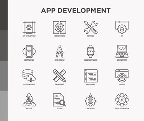 Wall Mural - app development thin line icons set: writing code, multitasking, smart watch app, engineering, updat