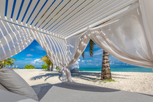White Beach Canopies. Luxury Beach Tents At A Resort. Wonderful View Of Beach Scenery, Luxury Vacation And Travel Background Concept