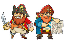 Colored Cartoon Sea Pirates Vector Illustration Set