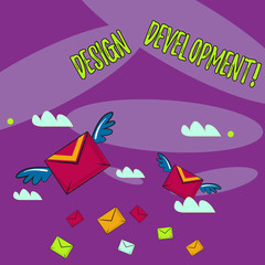 Word writing text Design Development. Business photo showcasing technical aspects of materials and building systems Many Colorful Airmail Flying Letter Envelopes and Two of Them with Wings