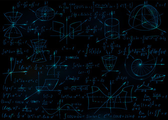 Mathematical formulas drawn by hand on the black chalkboard for the background. Vector illustration.
