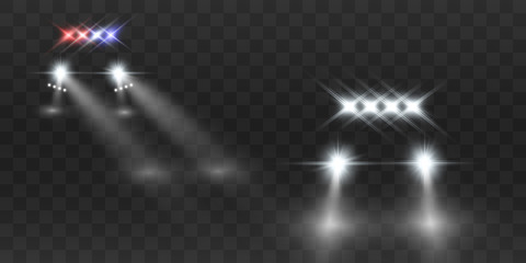 Realistic white glow round beams of car headlights, isolated on transparent background. Police car. Light from headlights. Police patrol. 