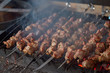 Traditional Caucasian BBQ shashlik grilled meat on sticks being cooked on open fire with smoke, close up view