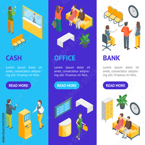 Bank Office Interior Banner Vecrtical Set Isometric View Vector
