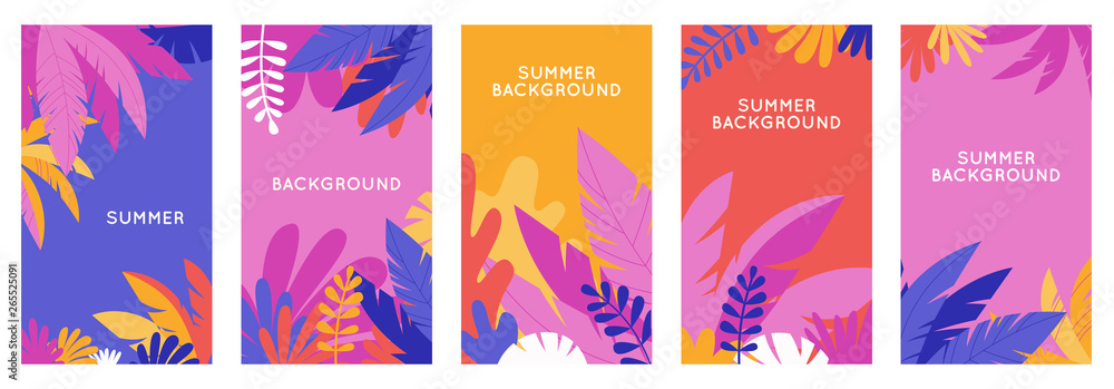 Vector set of social media stories design templates, backgrounds with copy space for text - summer backgrounds for banner, greeting card, poster and advertising - obrazy, fototapety, plakaty 