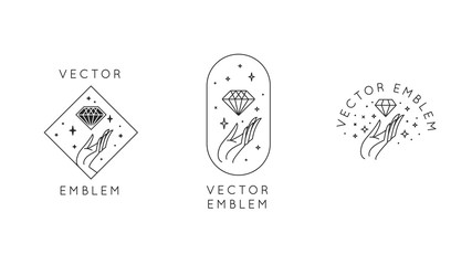 Wall Mural - vector abstract logo design templates in trendy linear minimal style - hands with diamond and stars