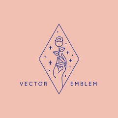 Wall Mural - vector abstract logo design template in trendy linear minimal style - hand with flower
