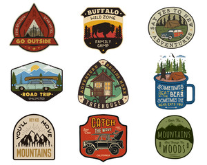 vintage travel logos patches set. hand drawn camping labels designs. mountain expedition, road trip,