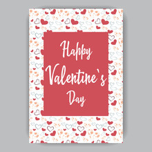 Valentine's Day Card White With Hearts Orange, Blue, Red On A White Background Hand-drawn
